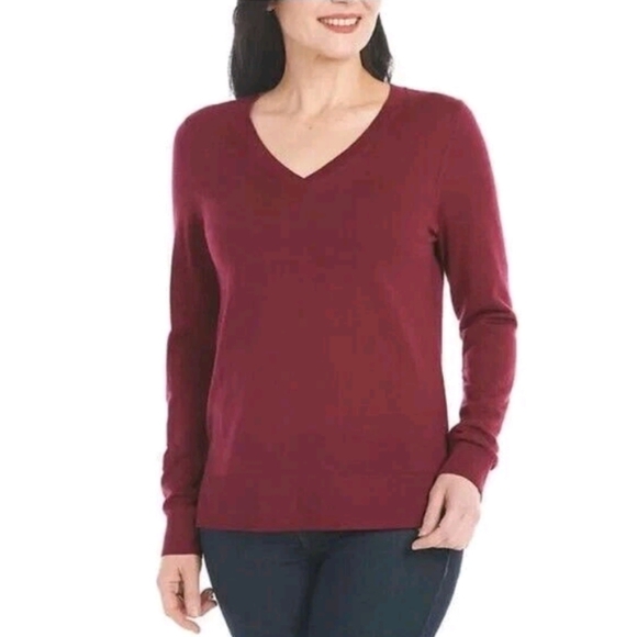 Katherine Barclay Womens Extra Fine Merino Wool V Neck Sweater Cranberry Medium - Picture 1 of 10
